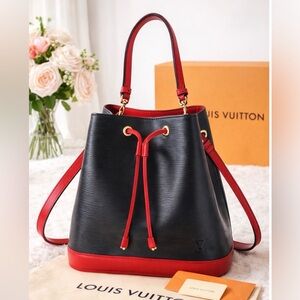 Louis Vuitton Black and Red Shoulder Bag with Drawstring Closure